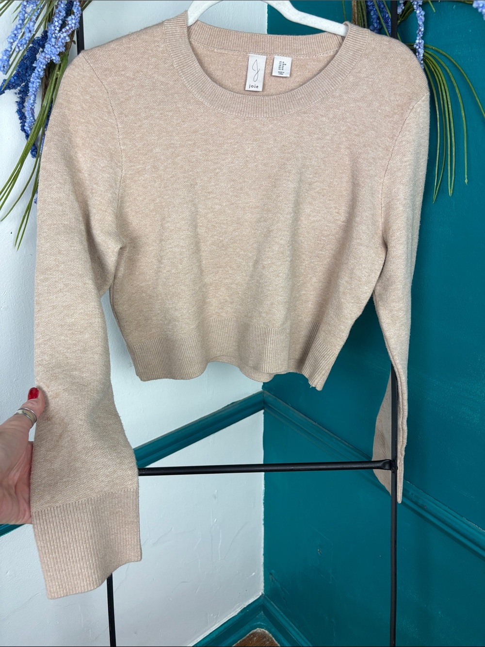 Joie Cropped Crewneck Sweater in Light Beige